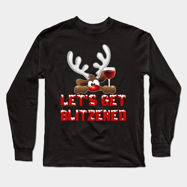 Let's get blitzened t-shirt | Christmas reindeer drinking t-shirt gift wine lover Long Sleeve T-Shirt by TeesCircle